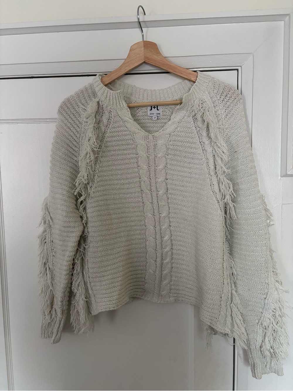 John + Jenn Cream Fringe Cable V-Neck Sweater